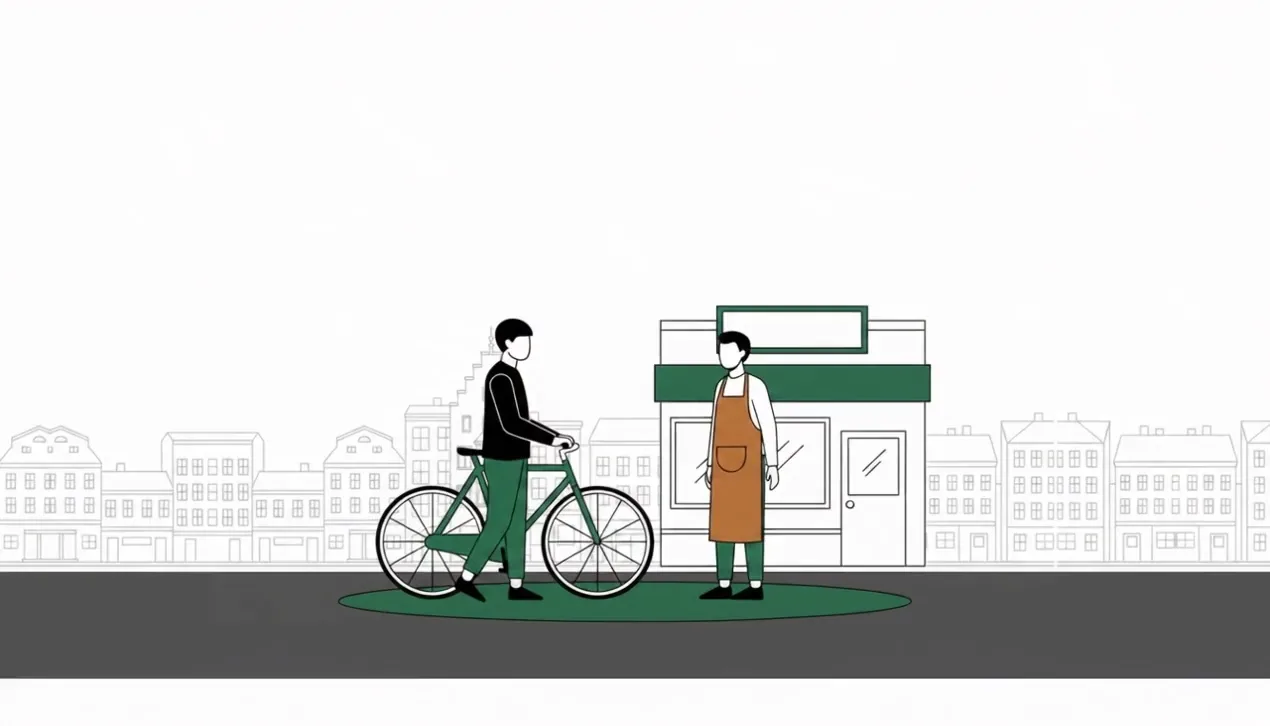 Gezeichnete Person kommt mit dem Velo bei einem kleinen Laden an und wird vom Inhaber begruesst